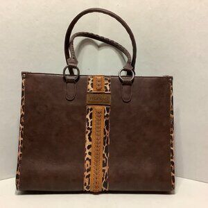 Wrangler Leather Tote Top Handle Satchel Purse Handbag Brown Print 16" x 12"